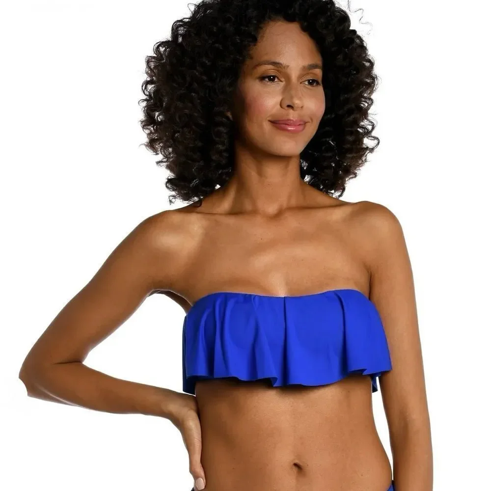La Blanca Island Goddess Ruffle Bandeau Swimsuit- Sapphire Size 10 NWT